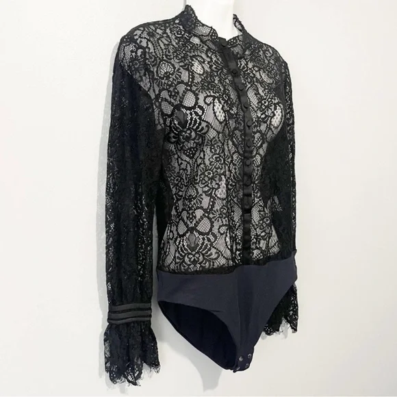 Jonathan Simkhai black lace long sleeve bodysuit button front size medium - Picture 4 of 8